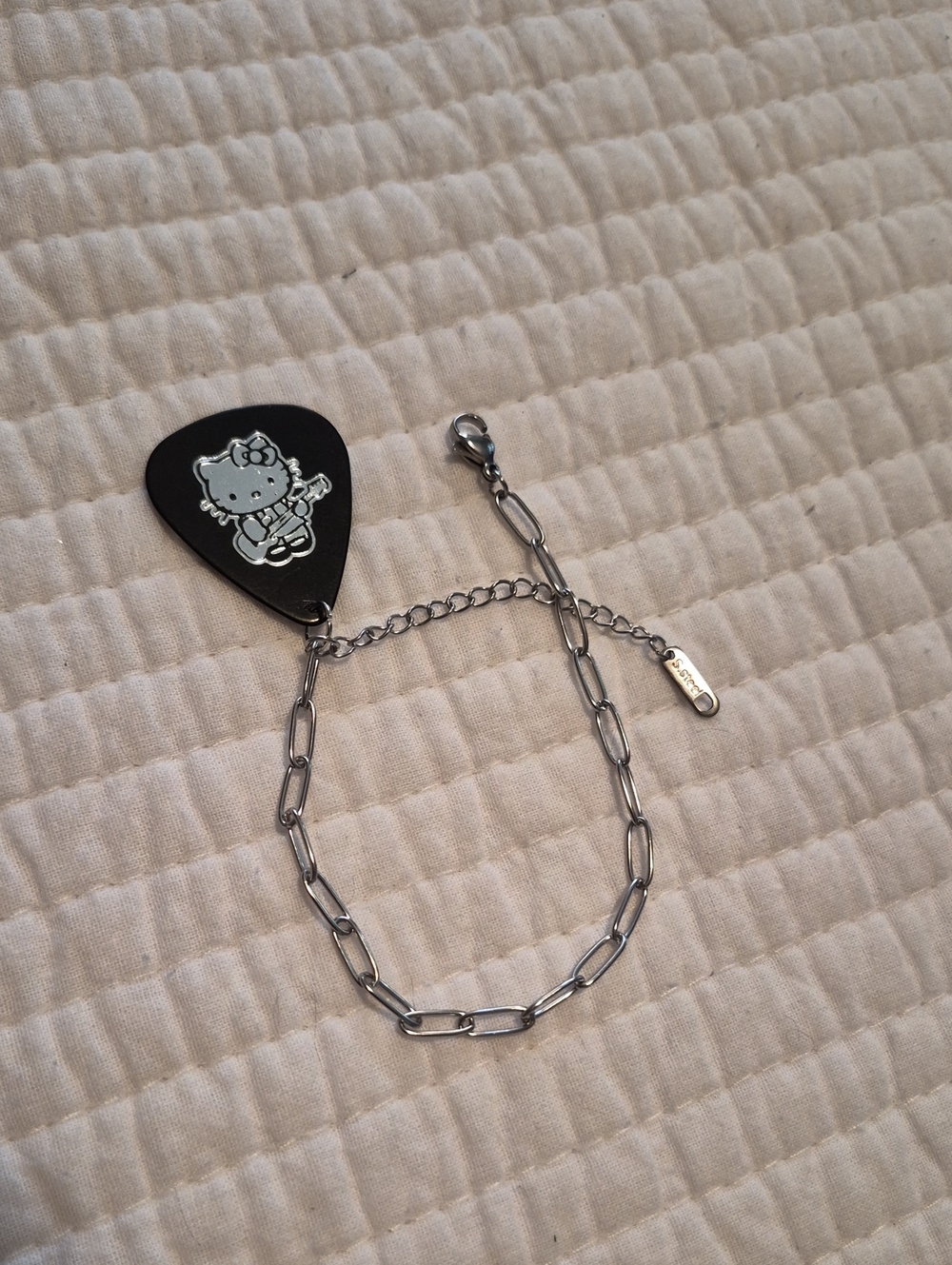 Stainless Steel Bracelet with Black Hello Kitty FENDER Pick Charm